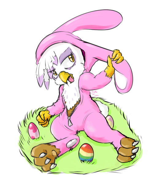 Size: 2000x2200 | Tagged: safe, artist:osakaoji, derpibooru import, gilda, gryphon, rabbit, bunny costume, clothes, costume, easter, easter bunny, easter egg, egg, solo