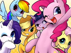 Size: 1600x1200 | Tagged: applejack, artist:ayahana, bipedal, blushing, cute, derpibooru import, fluttershy, mane six, one eye closed, open mouth, pinkie pie, pixiv, rainbow dash, rarity, safe, smiling, sweat, sweatdrop, twilight sparkle, wink