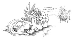 Size: 1000x538 | Tagged: angry, applejack, artist:bylisboa, caught, dead, derpibooru import, dialogue, female, fluttershy, flutterspike, ghost, giving up the ghost, jealous, kissing, kiss mark, lies, lipstick, lucky bastard, male, monochrome, rarity, shipping, spike, spike gets all the mares, spike you lucky bastard, straight, suggestive, twilight sparkle, wingboner