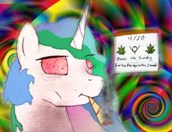 Size: 2450x1894 | Tagged: 420, artist:xulious, calendar, derpibooru import, drugs, easter, high, marijuana, pot, praise the sun, princess celestia, psychedelic, safe, smoke, smoke weed erryday, smoking, solo, stick figure, :t, trippy, wide eyes