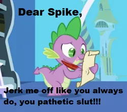 Size: 432x382 | Tagged: suggestive, derpibooru import, edit, edited screencap, screencap, spike, dragon, friendship is magic, caption, image macro, implied masturbation, letter, male, meme, quill, selfcest, solo, spike's love letters, text, tongue out, vulgar