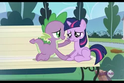 Size: 1800x1200 | Tagged: safe, artist:niggerfaggot, derpibooru import, spike, twilight sparkle, dragon, pony, unicorn, bench, book, comforting, comforting twilight, crying, fake screencap, feels, female, filly, filly twilight sparkle, hub logo, i can't believe it's not hasbro studios, male, story included, time paradox, younger