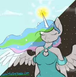 Size: 577x587 | Tagged: alicorn, anthro, artist:bunnycat, clothes, day, derpibooru import, dress, eyes closed, horn, magic, night, princess celestia, safe, solo, wings