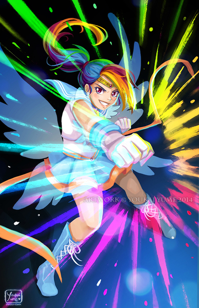 Size: 582x900 | Tagged: safe, artist:youkaiyume, derpibooru import, rainbow dash, human, female, humanized, parody, ponytail, punch, sailor moon, sailor scout, sailor uniform, smiling, solo, uniform