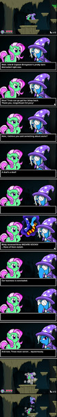 Size: 266x1920 | Tagged: artist:marcusmaximus, cape, clothes, cockatrice, comic, derpibooru import, dialogue, disguise, duo, fake moustache, fresh minty adventure, glasses, grappling hook, great and powerful, hat, minty, minty fresh adventure, pony platforming project, safe, socks, trixie, trixie's cape, trixie's hat, video game