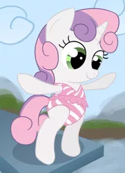 Size: 640x883 | Tagged: safe, artist:ohohokapi, deleted from derpibooru, derpibooru import, sweetie belle, pony, unicorn, bipedal, clothes, diving board, female, filly, one-piece swimsuit, solo, swimming hole, swimsuit