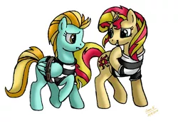 Size: 1024x723 | Tagged: safe, artist:lavenderrain24, derpibooru import, lightning dust, sunset shimmer, pegasus, pony, unicorn, belt, bound wings, clothes, frown, grin, horn ring, magic suppression, prison outfit, prison stripes, prisoner, raised hoof, smiling, straps