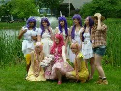 Size: 4608x3456 | Tagged: 2013, animenext, apron, artist needed, clothes, convention, cosplay, cupcake, derpibooru import, dress, fluttershy, food, grass, group photo, human, irl, irl human, photo, pinkie pie, rarity, safe