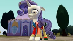 Size: 1191x670 | Tagged: artist:andrewnuva199, carousel boutique, derpibooru import, fashion disaster, horrified, irony, rarity, sad, safe, sixth doctor, solo, that pony sure does love fashion, the explosion in a rainbow factory
