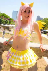 Size: 640x960 | Tagged: artist:electrokittenz, beach, bellyring, clothes, cosplay, derpibooru import, fluttershy, human, irl, irl human, midriff, photo, safe, skirt, solo