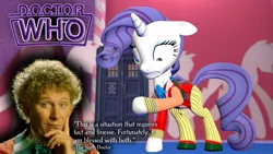 Size: 1191x670 | Tagged: artist:andrewnuva199, colin baker, derpibooru import, doctor who, fashion disaster, frock coat, irony, rarity, sad, safe, sixth doctor, that pony sure does love fashion, the explosion in a rainbow factory