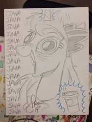 Size: 852x1136 | Tagged: safe, artist:andypriceart, derpibooru import, princess luna, caffeine, coffee, dilated pupils, espresso, george of the jungle, hyperactive, java, java java java java, little tongue, luna found the coffee, luna loves coffee, magic, open mouth, smiling, solo, telekinesis, tongue out, traditional art, wide eyes, xk-class end-of-the-world scenario