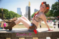 Size: 960x640 | Tagged: applejack, artist:electrokittenz, boots, clothes, cosplay, derpibooru import, front knot midriff, human, indy pride festival, irl, irl human, midriff, photo, safe, shorts