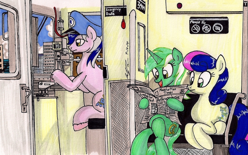 Size: 1280x798 | Tagged: artist:newyorkx3, bon bon, cakelestia, derpibooru import, lyra heartstrings, manehattan, newspaper, oc, princess celestia, safe, sweetie drops, traditional art, train