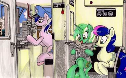 Size: 1280x798 | Tagged: artist:newyorkx3, bon bon, cakelestia, derpibooru import, lyra heartstrings, manehattan, newspaper, oc, princess celestia, safe, sweetie drops, traditional art, train