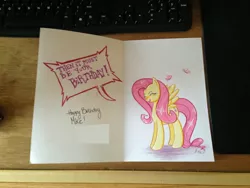 Size: 2937x2203 | Tagged: artist needed, birthday card, derpibooru import, fluttershy, photo, safe, solo, traditional art