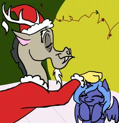 Size: 900x926 | Tagged: artist:bux, christmas, chuck jones, clothes, costume, cute, derpibooru import, discord, eyes closed, filly, holiday, how the grinch stole christmas, parody, petting, princess luna, s1 luna, safe, santa costume, source needed, woona