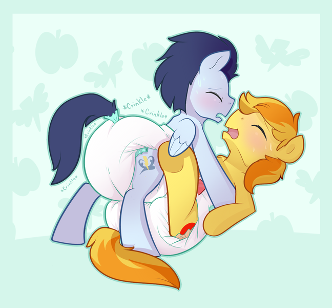 Size: 1280x1185 | Tagged: artist:cuddlehooves, braeburn, braeby, cuddlehooves is trying to murder us, derpibooru import, diaper, diaper fetish, diaper grinding, gay, male, poofy diaper, questionable, shipping, soarburn, soarin'