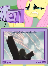 Size: 563x771 | Tagged: batou, derpibooru import, exploitable meme, explosion, fluttercry, fluttershy, ghost in the shell, meme, obligatory pony, sad, safe, song, tachikoma, tv meme