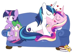 Size: 1150x850 | Tagged: safe, artist:dm29, derpibooru import, princess cadance, shining armor, spike, twilight sparkle, twilight sparkle (alicorn), alicorn, dragon, pony, unicorn, awkward, couch, cuddling, female, frown, heart, inconvenient making out cadance and shining armor, kissing, male, mare, on back, romance, romantic, shiningcadance, shipping, simple background, snuggling, stallion, straight, transparent background, watching, wide eyes