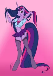 Size: 771x1102 | Tagged: anthro, artist:theshadowcheetah, belly button, bra strap, breasts, clothes, derpibooru import, equestria girls outfit, female, midriff, panties, skirt, solo, solo female, stockings, suggestive, twilight sparkle, underwear, unguligrade anthro, upskirt