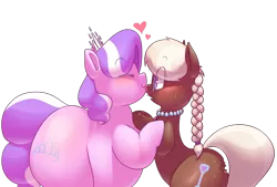 Size: 922x624 | Tagged: safe, artist:secretgoombaman12345, derpibooru import, diamond tiara, silver spoon, chocolate pony, food pony, original species, pony, blushing, chocolate, chubby diamond, fat, food, glasses, imminent vore, implied vore, licking, this will end in death, tongue out