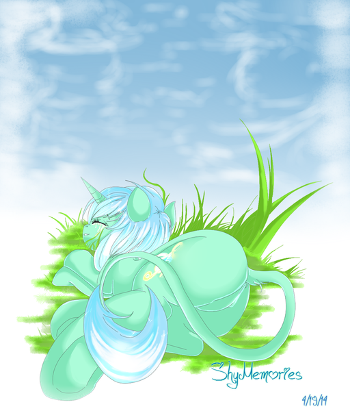 Size: 1024x1200 | Tagged: safe, artist:shymemories, derpibooru import, oc, unofficial characters only, classical unicorn, pony, unicorn, crying, eyes closed, featureless crotch, foreshortening, grass, hooves, leonine tail, plot, sad, side, smiling, solo, tail, tail wag, tears of joy, underhoof