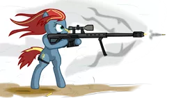 Size: 9226x5211 | Tagged: safe, artist:fallingcomets, derpibooru import, oc, oc:spectrum slash, unofficial characters only, earth pony, pony, absurd resolution, bipedal, bullet, cutie mark, female, gun, hooves, mare, optical sight, rifle, shooting, simple background, sniper rifle, solo, transparent background, vector, weapon