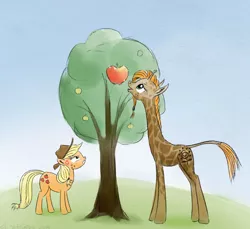 Size: 640x586 | Tagged: safe, artist:el-yeguero, derpibooru import, applejack, oc, oc:twiggy, earth pony, giraffe, pony, angry, apple, cute, cutie mark, eyes on the prize, frown, giant apple, glare, smiling, sparkles