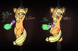 Size: 1200x796 | Tagged: suggestive, artist:caroo, derpibooru import, applejack, oc, oc:anon, earth pony, pony, applesub, arms in the air, bipedal, blushing, bondage, chains, comic, dialogue, female, femsub, image, laughing, mare, png, submissive, suspended, suspension bondage, sweat, tickle torture, tickling