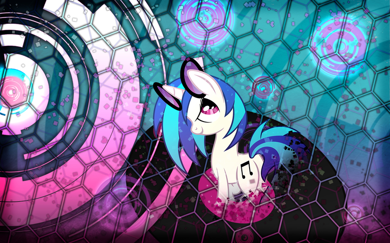 Size: 1680x1050 | Tagged: safe, artist:angrywildmango, artist:tzolkine, derpibooru import, vinyl scratch, pony, unicorn, cutie mark, female, hexagon, horn, mare, plot, remake, smiling, solo, sunglasses, vector, wallpaper