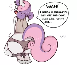 Size: 1280x1073 | Tagged: anthro, artist:somescrub, ask nudist sweetie belle, ass, barely legal, :c, clothes, derpibooru import, dialogue, older, panties, plot, socks, solo, solo female, speech bubble, suggestive, sweetie belle, the ass was fat, underwear, wedgie