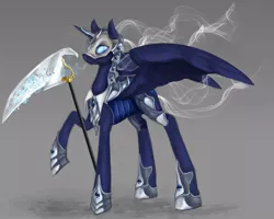 Size: 999x799 | Tagged: safe, artist:elkaart, derpibooru import, oc, oc:lady masquerade, unofficial characters only, alicorn, pony, armor, mask, nightmare transformation, scythe, solo, spades, weapon