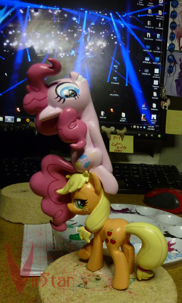 Size: 391x649 | Tagged: safe, artist:viistar, derpibooru import, applejack, pinkie pie, figurine, ponies riding ponies, sculpture