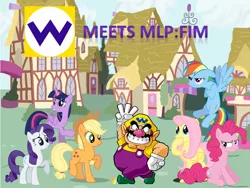 Size: 960x720 | Tagged: safe, derpibooru import, applejack, fluttershy, pinkie pie, rainbow dash, rarity, spike, twilight sparkle, twilight sparkle (alicorn), alicorn, pony, crossover, fanfic art, fanfic cover, female, mane six, mare, super mario bros., wario, wario land, wario land: shake it, wat