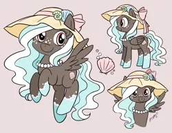 Size: 3300x2550 | Tagged: safe, artist:chibi-jen-hen, derpibooru import, oc, oc:seafoam, unofficial characters only, pegasus, pony, female, freckles, hat, jewelry, mare, necklace, pearl necklace, shell, smiling, solo, spread wings, sun hat, wings