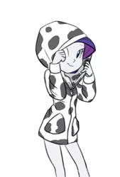 Size: 514x760 | Tagged: safe, artist:carnifex, derpibooru import, rarity, equestria girls, animal costume, animal print clothing, bottomless, clothes, cowprint, cute, female, hoodie, looking at you, raribetes, raricow, solo