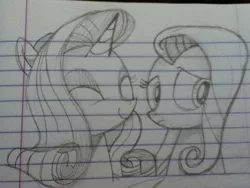 Size: 960x720 | Tagged: safe, artist:fedorabow, derpibooru import, fluttershy, rarity, female, flarity, lesbian, lineart, shipping, sketch, traditional art