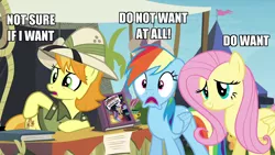 Size: 1280x720 | Tagged: daring do collector, derpibooru import, do not want, fluttershy, full set, not sure if want, rainbow dash, safe, screencap, teddie safari, trade ya, varying degrees of want, want