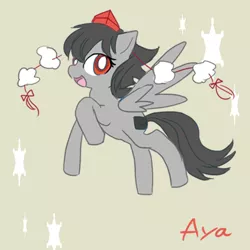 Size: 600x600 | Tagged: safe, artist:nekoya saki, derpibooru import, ponified, tengu, female, flying, hat, looking at you, mare, open mouth, pixiv, shameimaru aya, smiling, solo, spread wings, touhou