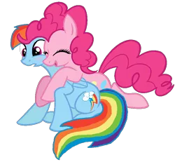 Size: 768x710 | Tagged: safe, artist:bronybase, artist:calicopikachu, artist:starryoak, derpibooru import, edit, pinkie pie, rainbow dash, earth pony, pegasus, pony, blushing, female, from behind, glomp, hug, lesbian, pinkiedash, shipping, simple background, transparent background