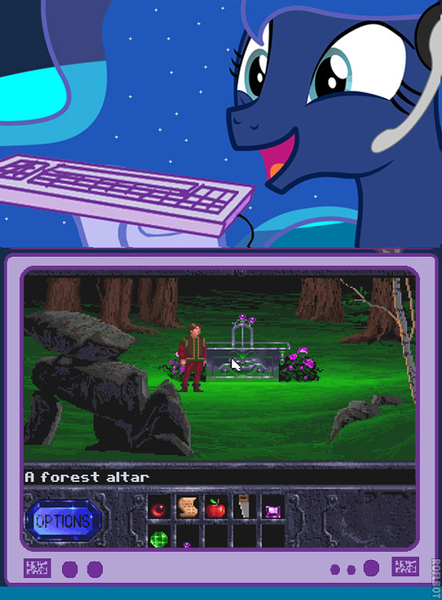 Size: 541x734 | Tagged: altar, brandon, derpibooru import, exploitable meme, gamer luna, kyrandia, meme, obligatory pony, point and click, princess luna, safe, the legend of kyrandia, tv meme, westwood studios