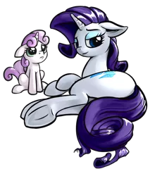 Size: 776x845 | Tagged: safe, artist:nadnerbd, derpibooru import, rarity, sweetie belle, pony, unicorn, bedroom eyes, female, filly, floppy ears, frown, looking at you, looking back, mare, side, simple background, sisters, sitting, smiling, strategically covered, tail censor, transparent background, underhoof
