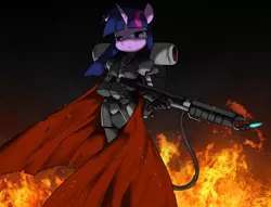 Size: 1659x1266 | Tagged: anthro, armor, artist:sandwich-anomaly, badass, black hand, brotherhood of nod, cape, clothes, command and conquer, derpibooru import, fire, flamethrower, safe, solo, tiberium wars, twilight sparkle, weapon