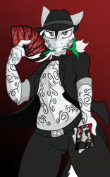 Size: 468x750 | Tagged: suggestive, artist:lil miss jay, derpibooru import, oc, oc:ace sleeves, unofficial characters only, anthro, full service playing cards, anthro oc, bedroom eyes, belly button, belt, belt buckle, bowtie, card, clothes, floppy ears, hand, handsome, handsome face, hat, jacket, looking at you, magician, male, markings, pants, playing card, recursion, rose, solo, solo male, stallion, suit, tattoo, topless, trilby, undressing, white rose, wide hips