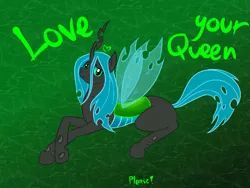 Size: 867x652 | Tagged: artist:livinlovindude, changeling, changeling queen, cute, cutealis, derpibooru import, female, frown, heart, looking at you, prone, puppy dog eyes, queen chrysalis, sad, safe, solo, text