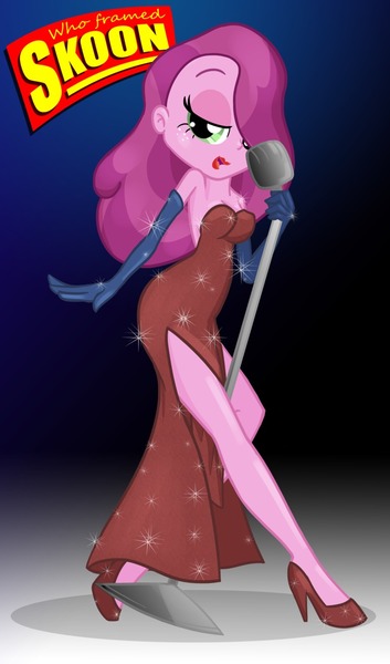 Size: 768x1304 | Tagged: safe, artist:ohohokapi, deleted from derpibooru, derpibooru import, cheerilee, equestria girls, bare shoulders, breasts, cleavage, clothes, dress, female, hair over one eye, jessica rabbit, jessica rabbit dress, side slit, sleeveless, solo, strapless, who framed roger rabbit