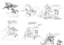 Size: 1800x1269 | Tagged: apple bloom, artist:baron engel, cloud, comic, dat face, derpibooru import, dream, grayscale, lucid dreaming, monochrome, oc, oc:carousel, oc:petina, oc:sky brush, pencil drawing, princess luna, safe, traditional art