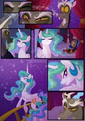 Size: 1000x1415 | Tagged: safe, artist:falleninthedark, artist:stepandy, derpibooru import, discord, princess celestia, comic:notte insonne, collaboration, comic, dislestia, female, heart, looking back, magic, male, night, raised eyebrow, shipping, stars, straight