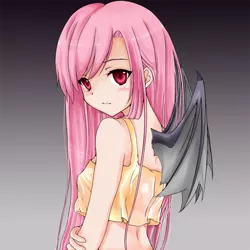 Size: 700x700 | Tagged: safe, artist:d-tomoyo, derpibooru import, fluttershy, bat pony, human, anime, bat wings, breasts, clothes, cute, delicious flat chest, female, flattershy, flutterbat, gradient background, humanized, looking at you, race swap, short shirt, shyabates, shyabetes, solo, wing claws, winged humanization, wings
